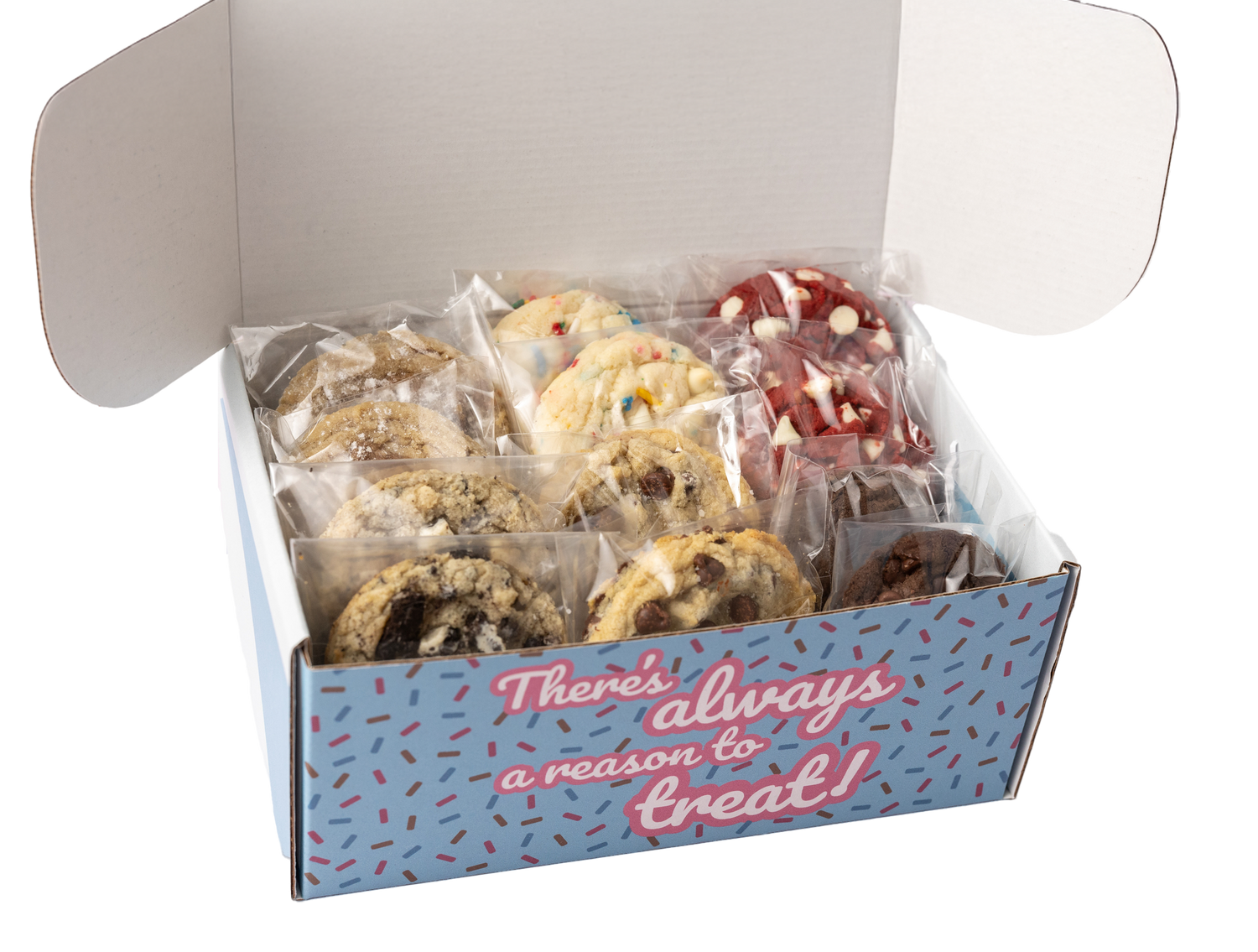 A blue box stuffed with gourmet cookies. The front of the box reads "There's always a reason to treat".