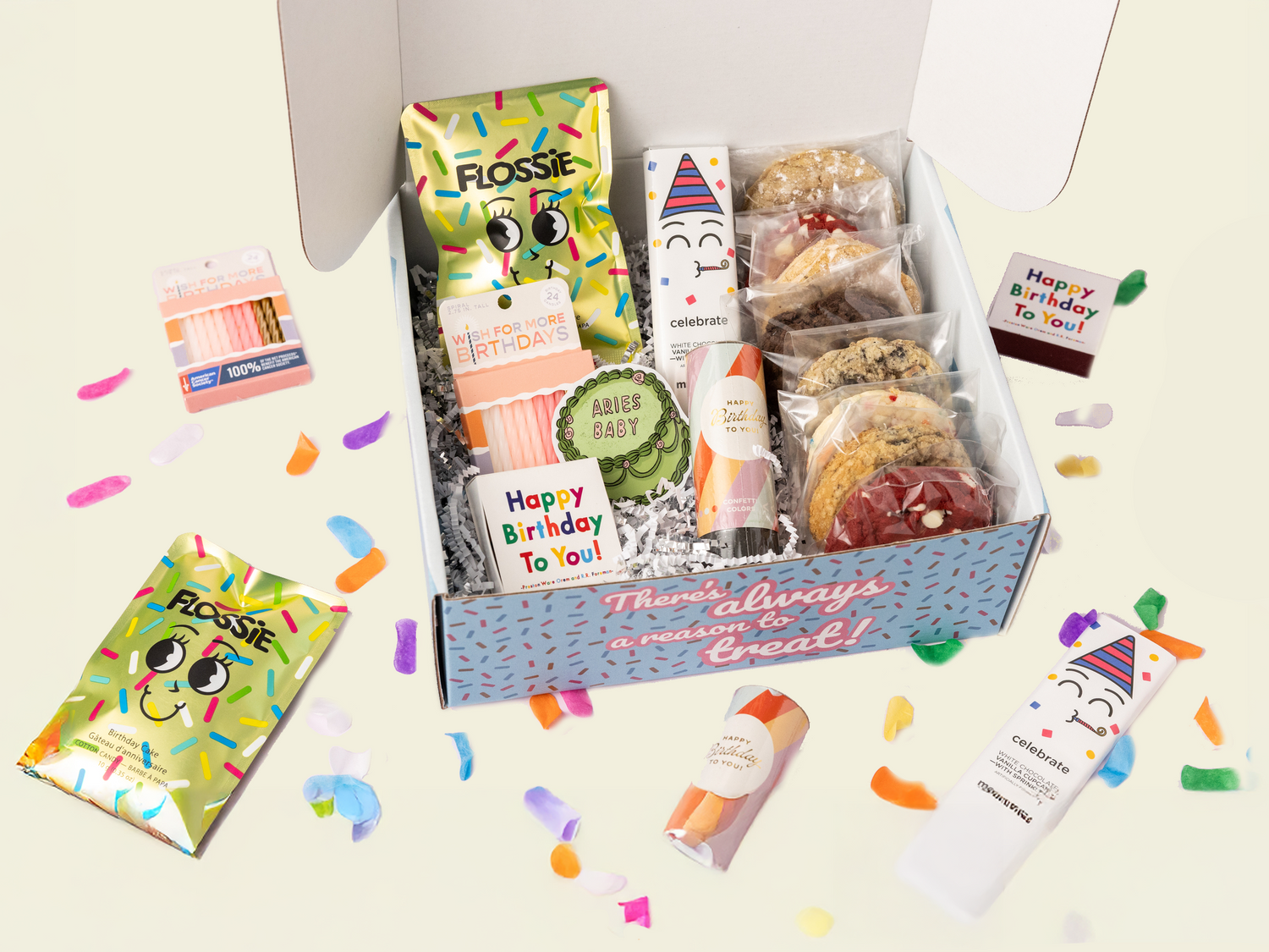 A unique Birthday themed gift box filled with gourmet cookies and artisan gifts such as stickers, confetti popper, and candles.