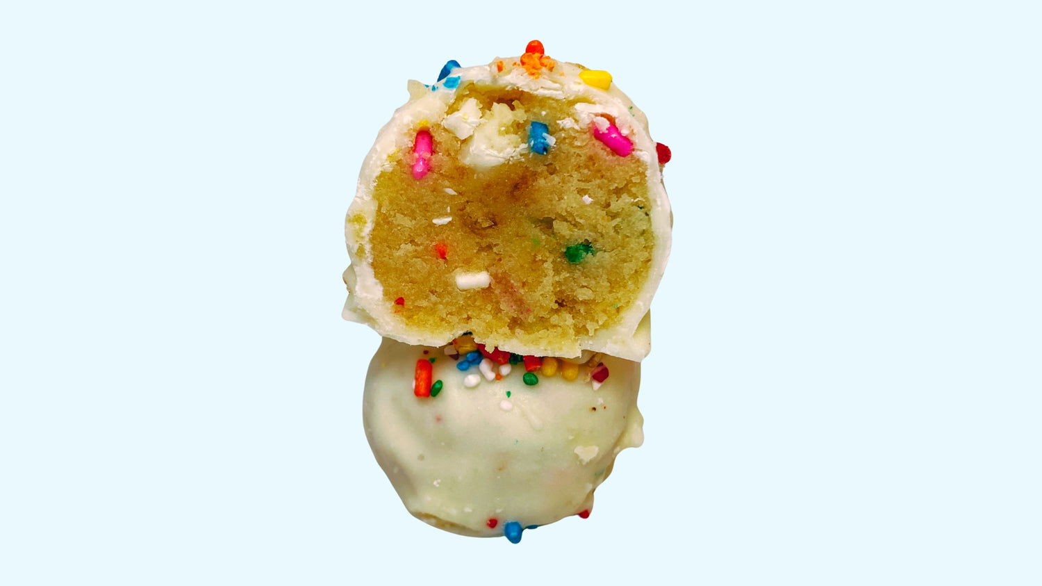 a giant stuffed truffle, resembling a cake pop, filled with confetti cake and sprinkles, ready for delivery.