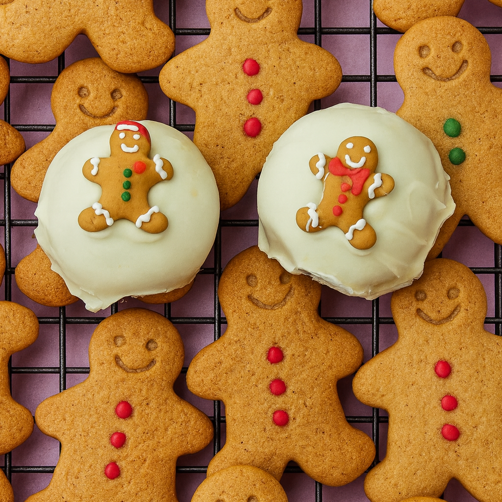 Gingerbread cookies shaped like men with decorative icing on a cooling rack.