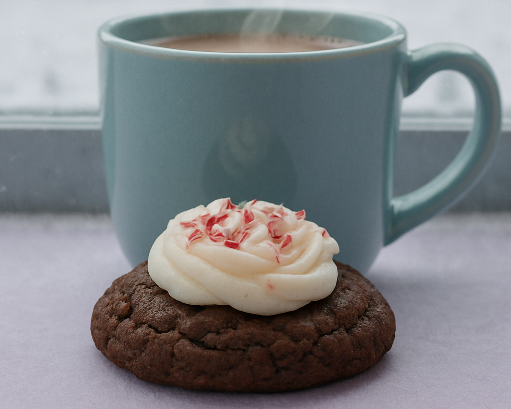 Chocolate cookie with white frosting and red sprinkles next to a steaming blue mug on a light surface.